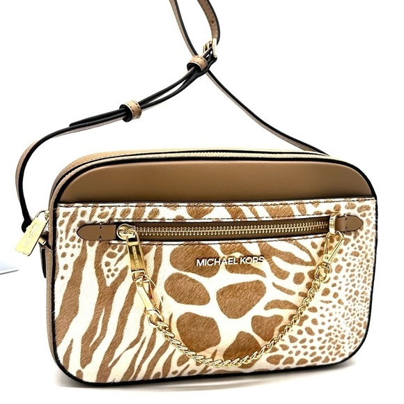 Michael Kors Large EW Zip Chain Crossbody Bag Tan/White - Picture 1 of 13